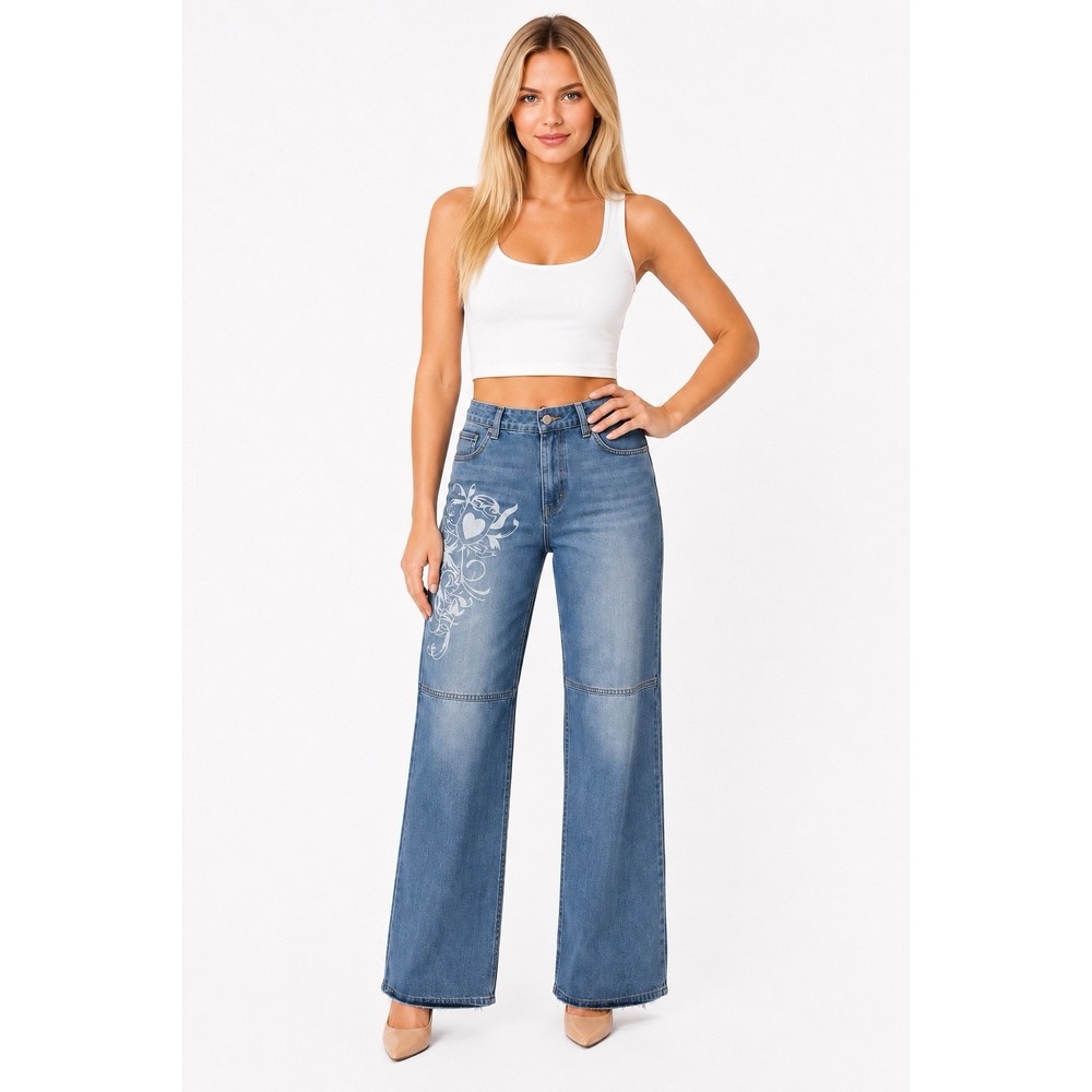 Retro 90s Y2K Jeans L Mid Rise Cargo Paneled Medium Wash Grunge Heart Graphic
